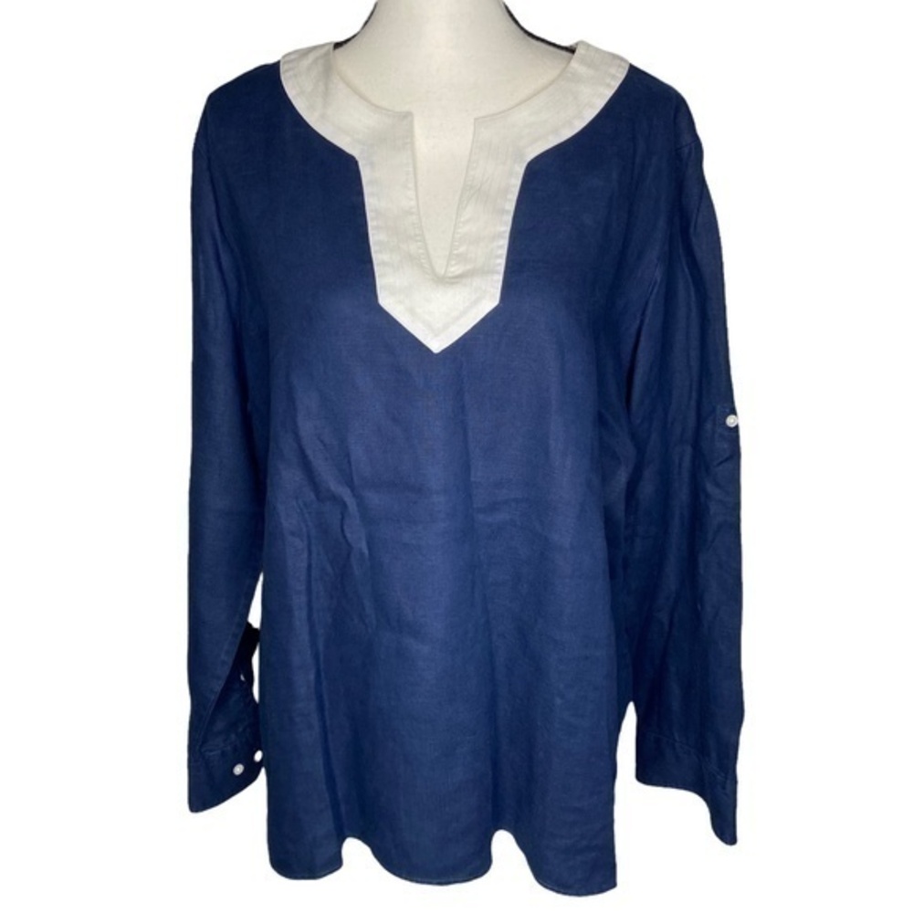 Lauren Ralph Lauren Top Dark Navy Blue and White Long Sleeve Linen Tunic Size XL